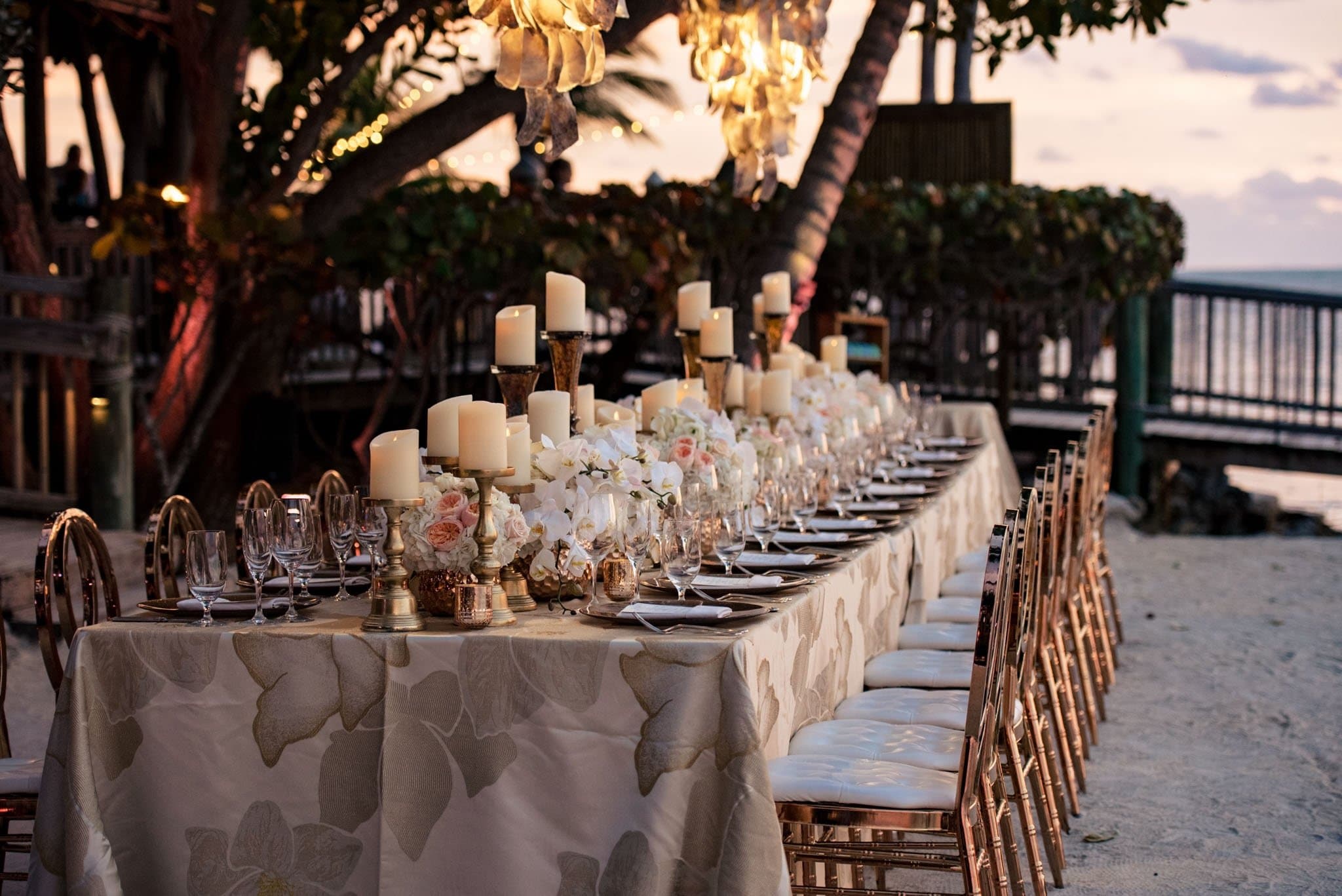 group table setting at sunset