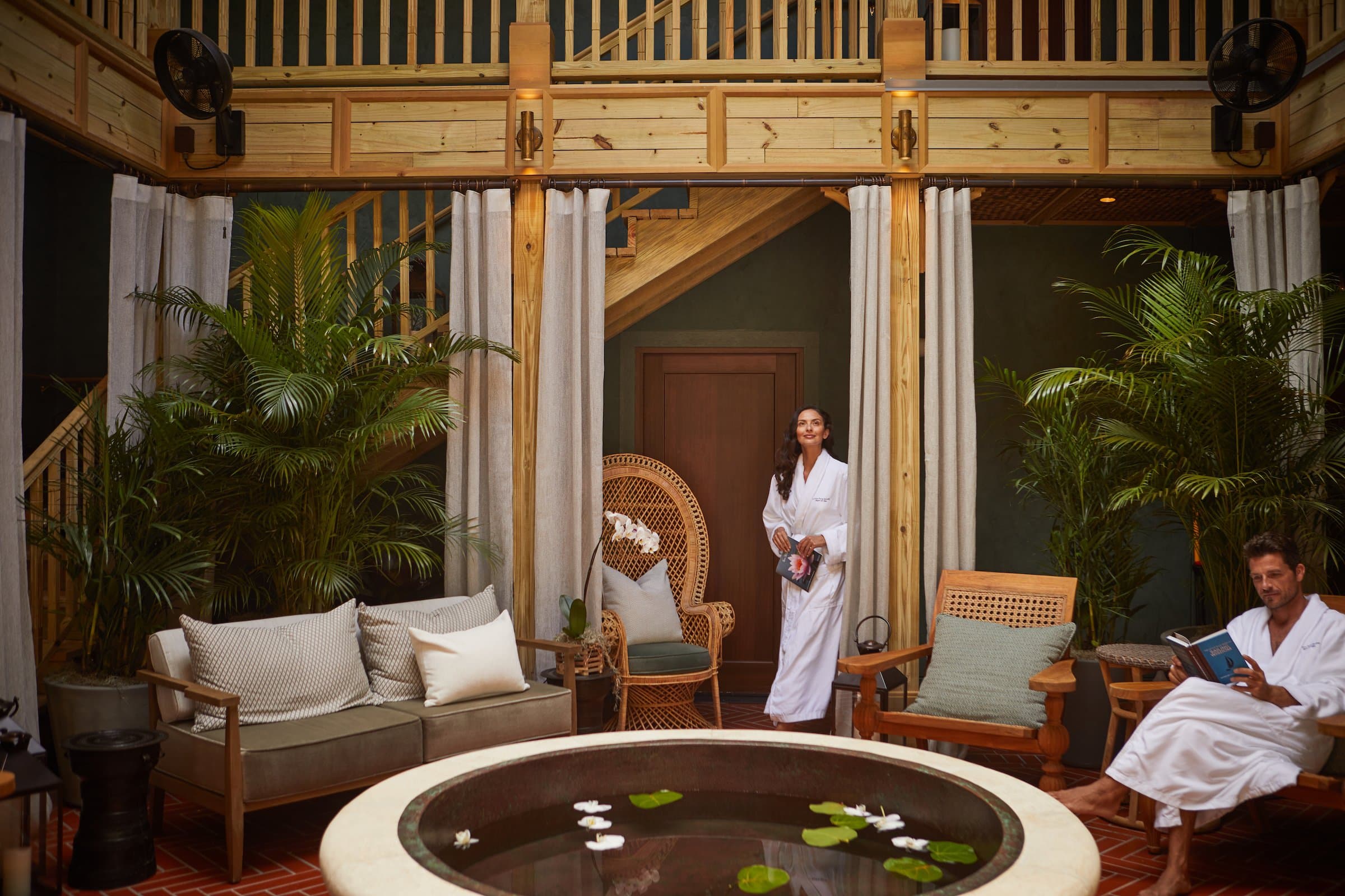 A man and woman relaxing in the spa