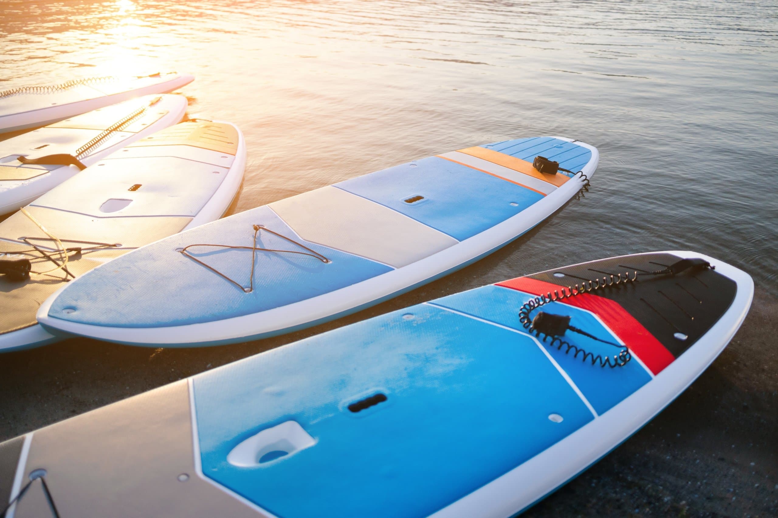 Stand up paddle boards parked on the edge of a beach, partially in water