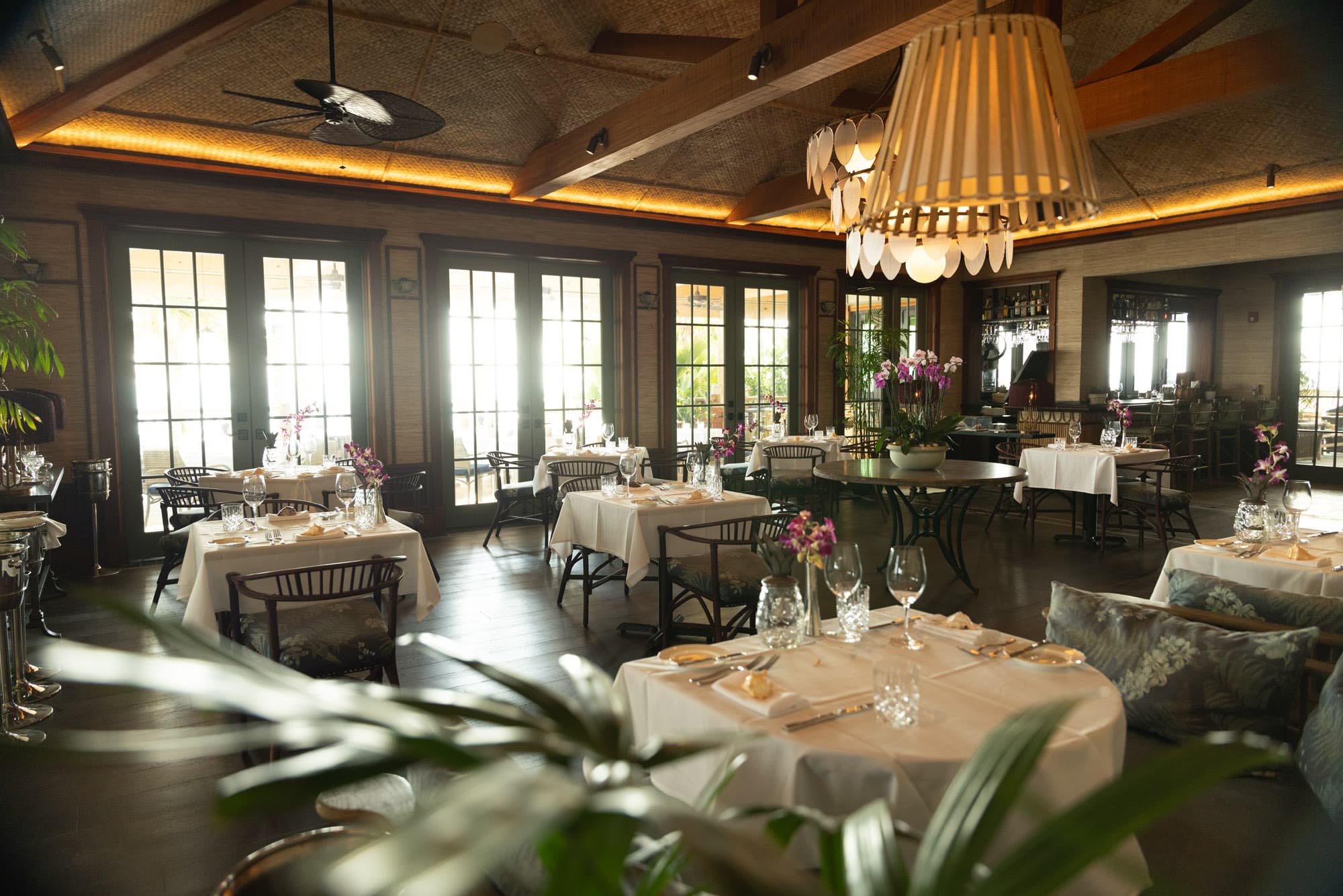 A dining area setup for service at Little Palm Island resort