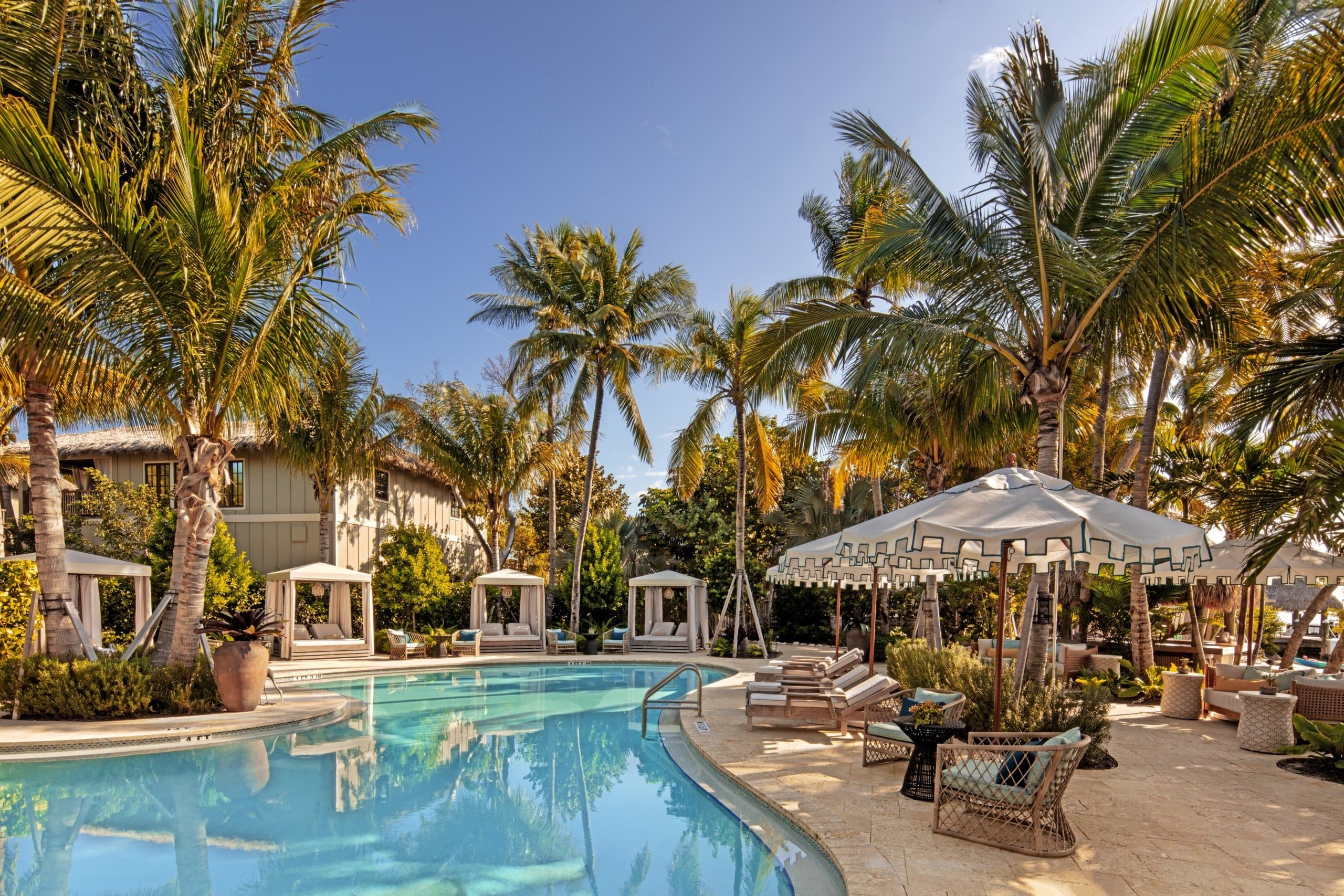 An empty pool underneath the sunlight surrounded by palm trees.