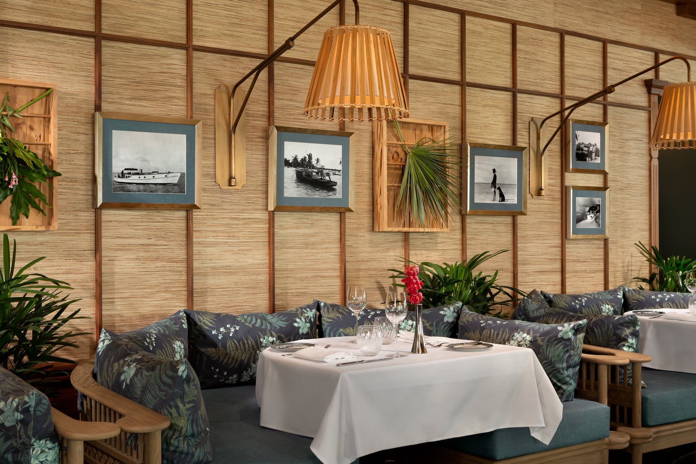 A dining area setup for service at Little Palm Island resort