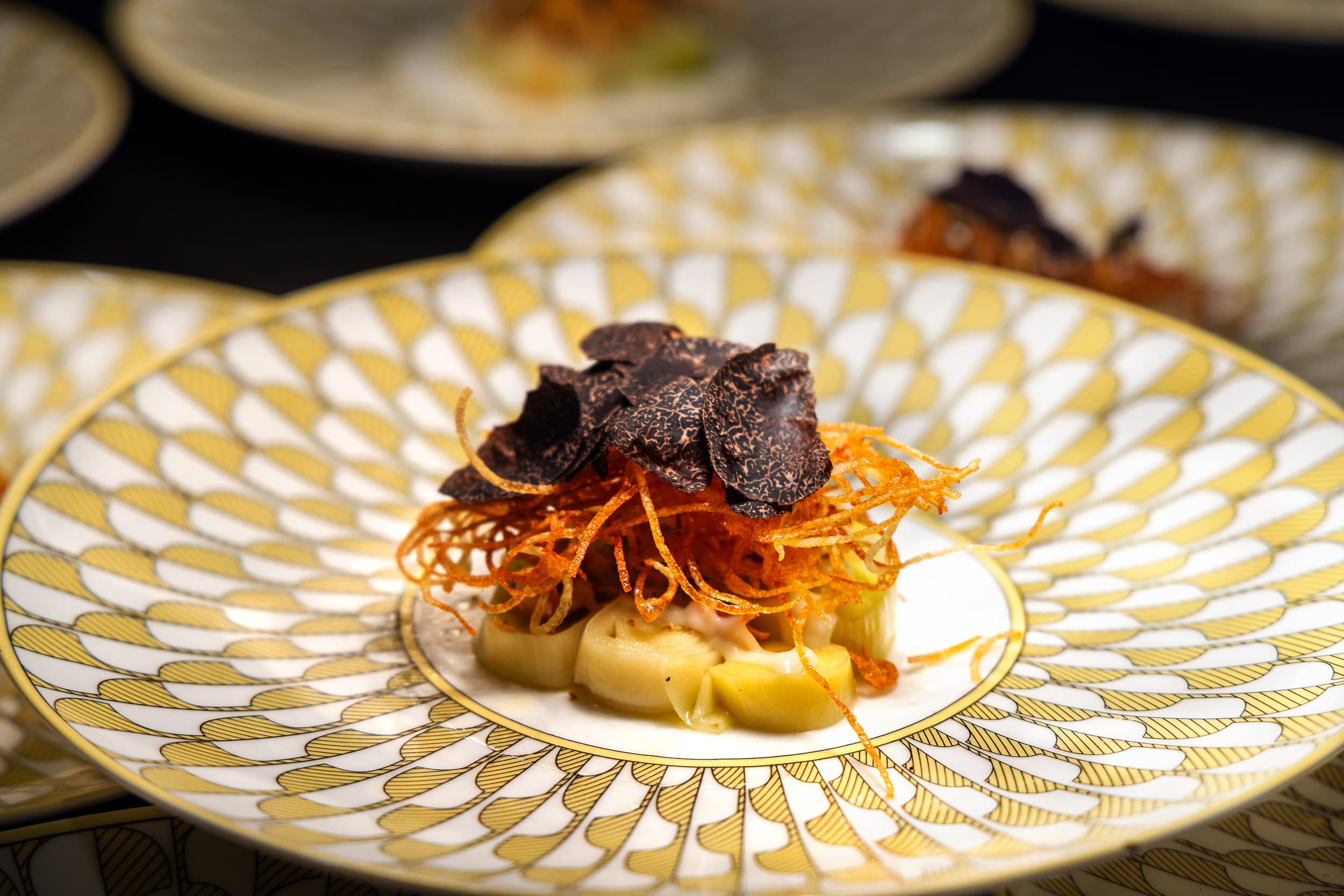 Fine dining plate of leeks topped with shaved black truffle and crispy potato threads at Little Palm Island Resort & Spa, Florida Keys.