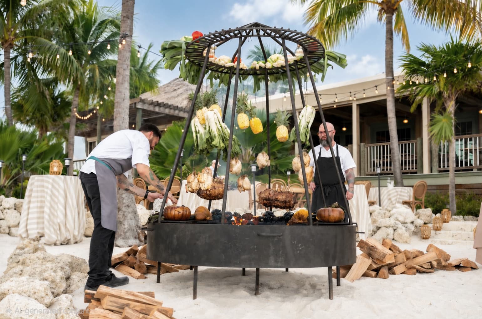 Chefs tending an open-fire asado grill on a white sand beach, with whole vegetables and pineapples suspended above the coals.